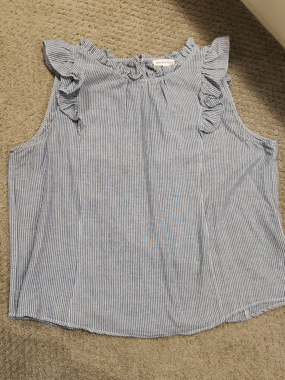 NEW MOD Boutique Blue and White Pinstripe Ruffle Shoulder Blouse L